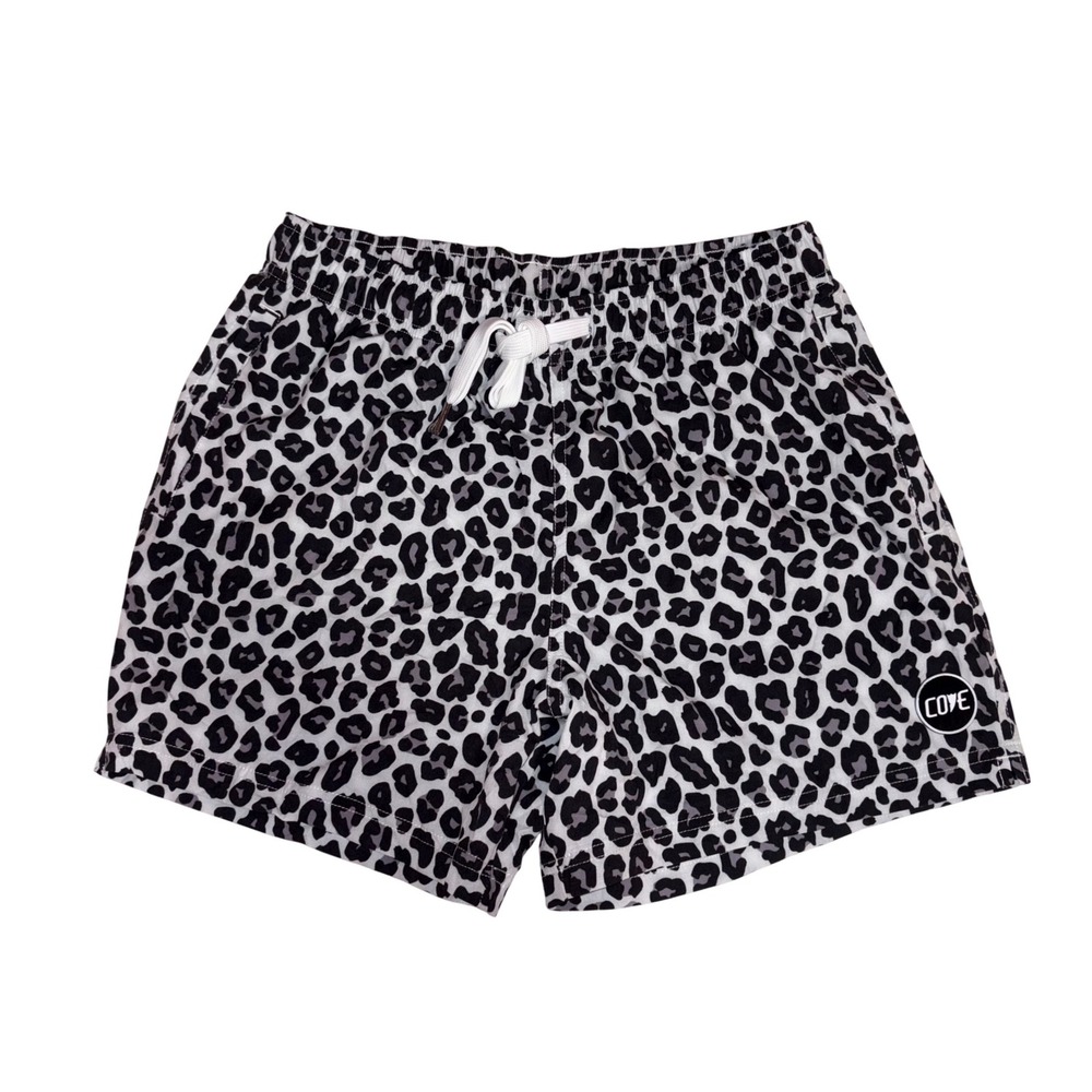 COVE USA Athletic Shorts Mens 32 White Black Leopard Print Stretch 5" NWOT